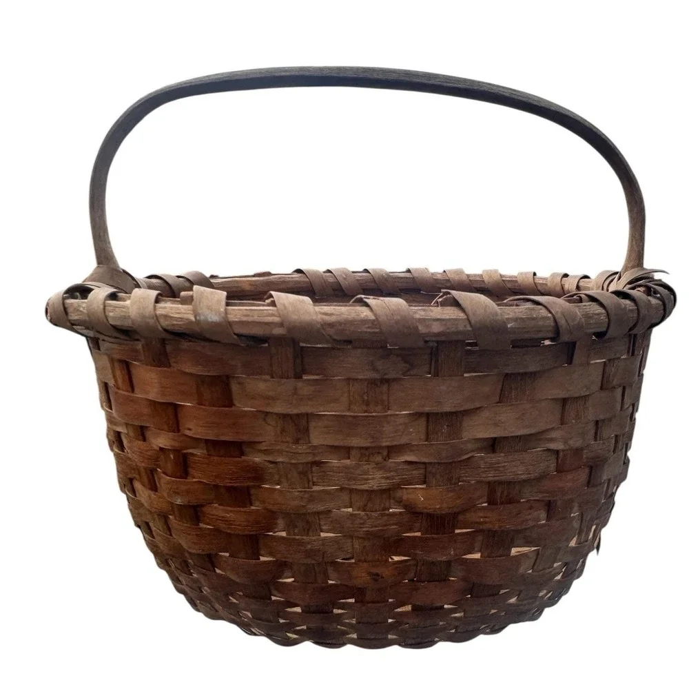 Vintage‎ Primitive Hand Woven Splint Wood Gathering Basket Fixed Handle Brown
